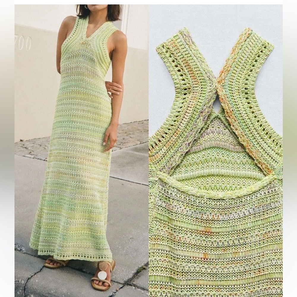 Zara Halterneck Embroidered Midi Crochet Green Dress Summer Size Small.
